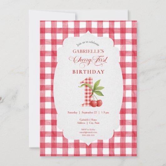 Baby's Cherry First Red Gingham Birthday 招待状 (正面)