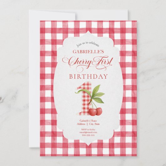 Baby's Cherry First Red Gingham Birthday 招待状 (正面)