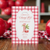 Baby's Cherry First Red Gingham Birthday 招待状