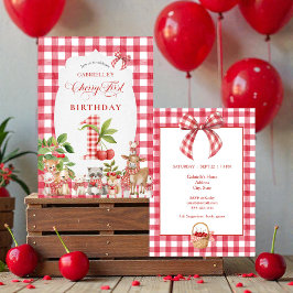 Baby's Cherry First Red Gingham Birthday 招待状