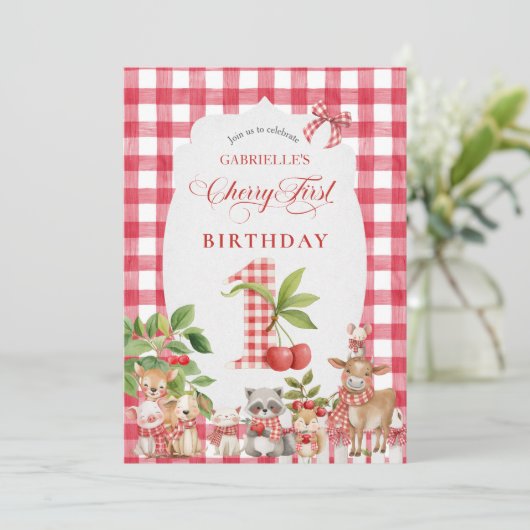 Baby's Cherry First Red Gingham Birthday 招待状 (スタンド正面)