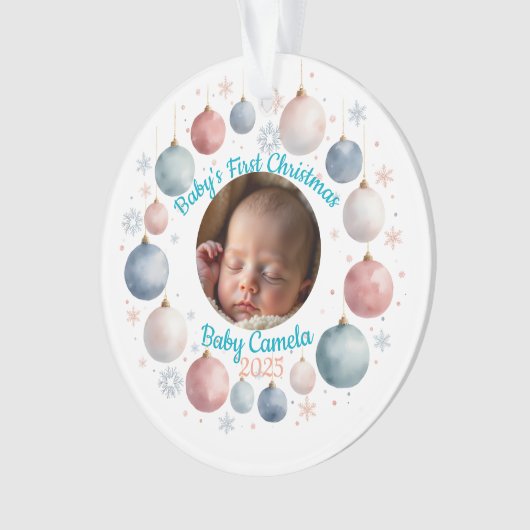 Baby's First Christmas 2025 Personalized Photo オーナメント (正面)