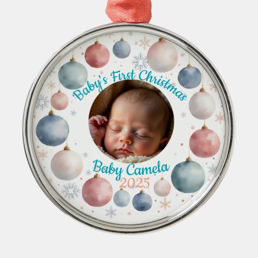 Baby's First Christmas 2025 Personalized Photo  メタルオーナメント (正面)