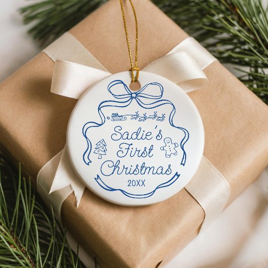 Babys First Christmas Blue Ribbon Whimsical Doodle セラミックオーナメント