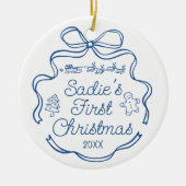 Babys First Christmas Blue Ribbon Whimsical Doodle セラミックオーナメント (正面)
