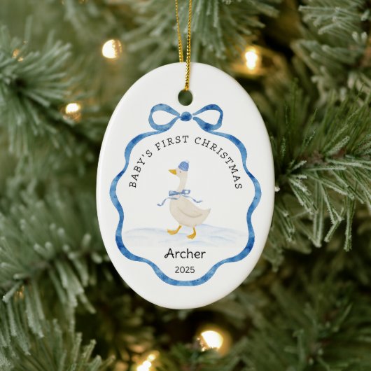Babys First Christmas Blue Watercolor Ribbon Goose セラミックオーナメント (ツリー)