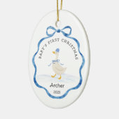 Babys First Christmas Blue Watercolor Ribbon Goose セラミックオーナメント (左)