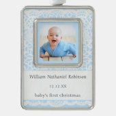 Baby's First Christmas Blue White Lace Photo シルバープレートフレームオーナメント (正面)