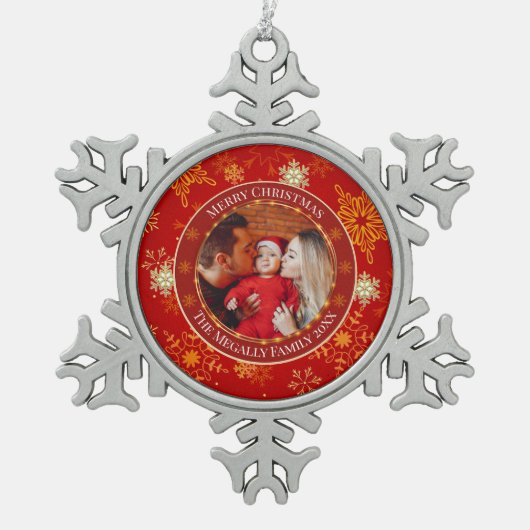 Baby's First Christmas Custom Name Photo Keepsake スノーフレークピューターオーナメント (正面)