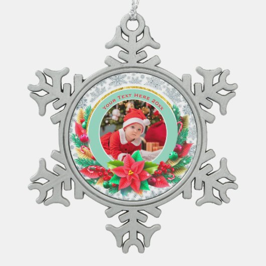 Baby's First Christmas Custom Name Photo Keepsake スノーフレークピューターオーナメント (正面)