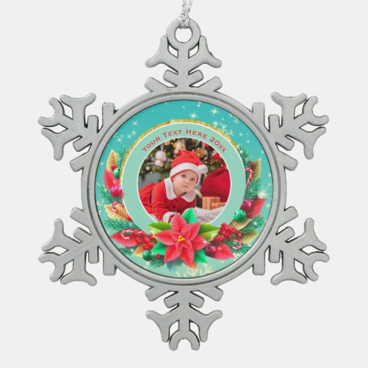 Baby's First Christmas Custom Name Photo Keepsake スノーフレークピューターオーナメント (正面)