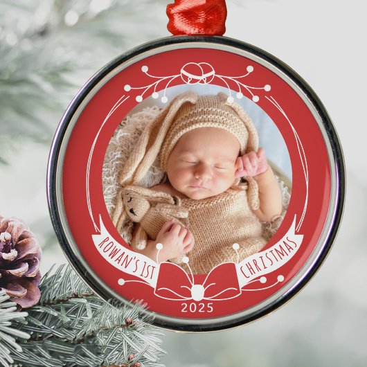 Baby's First Christmas Custom Name Year Photo メタルオーナメント