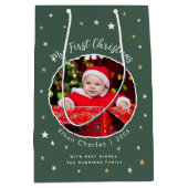 Baby's First Christmas Custom Photo Green ミディアムペーパーバッグ (正面)
