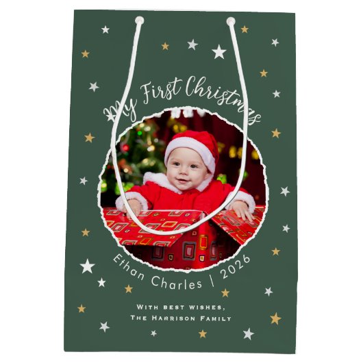 Baby's First Christmas Custom Photo Green ミディアムペーパーバッグ (裏面)