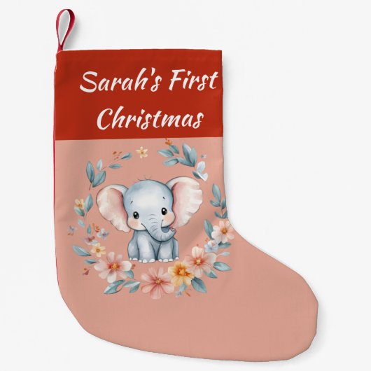 Baby's First Christmas Cute Elemphant Floral  スモールクリスマスストッキング (正面)