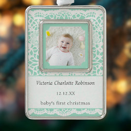 Baby's First Christmas Mint Green Lace Photo シルバープレートフレームオーナメント