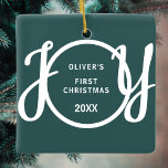 Baby's First Christmas Name Green Keepsake セラミックオーナメント<br><div class="desc">This keepsake Baby's First Christmas Ornament is decorated with the word JOY in stylish script typography on a green background.
Easily customizable.</div>