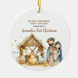 Baby's First Christmas Nativity Animal Bible Verse セラミックオーナメント