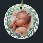 Baby's First Christmas Ornament | Christmas セラミックオーナメント<br><div class="desc">Personalized circle ornament with our watercolor wreath artwork surrounding a placeholder to put your baby's photo. Personalize the back with the baby's name,  birth date and weight on the back. This makes a great one-of-a-kind gift for family and friends.</div>