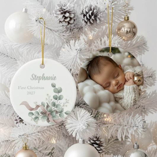 Baby's First Christmas Ornament - Eucalyptus & Bow セラミックオーナメント