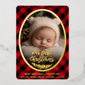 Baby's First Christmas Photo Buffalo Plaid 箔シーズンカード (正面)