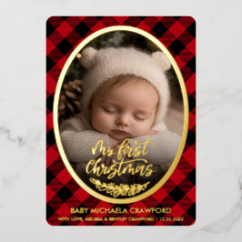 Baby's First Christmas Photo Buffalo Plaid  箔シーズンカード