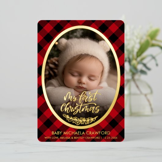 Baby's First Christmas Photo Buffalo Plaid 箔シーズンカード (立ち正面)