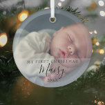 Baby's First Christmas Photo Elegant Script ガラスオーナメント<br><div class="desc">Baby's first Christmas photo script keepsake ornament. Personalize with your favorite baby photo along with their name and date to create a unique memory and gift for a special first Christmas. A lovely keepsake to celebrate your new arrival! Designed by Thisisnotme©</div>