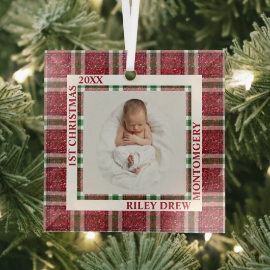Baby's First Christmas Photo Plaid ガラスオーナメント (インサイチュ)