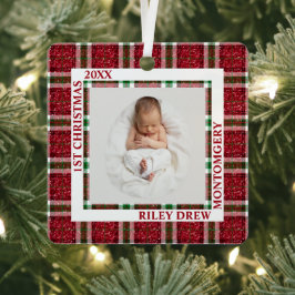Baby's First Christmas Photo Plaid メタルオーナメント