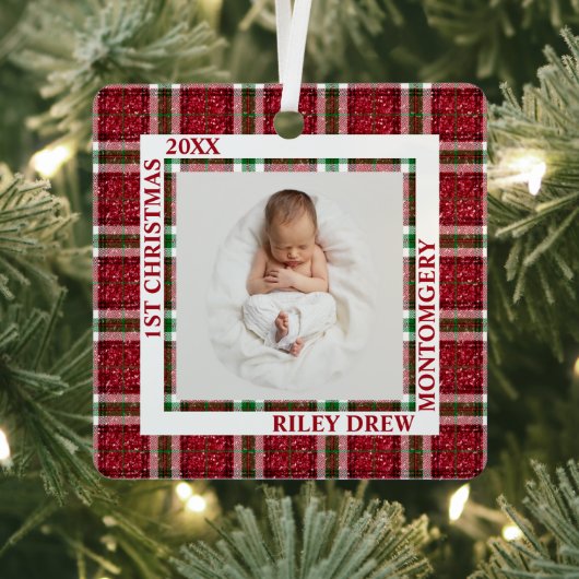 Baby's First Christmas Photo Plaid メタルオーナメント (インサイチュ)