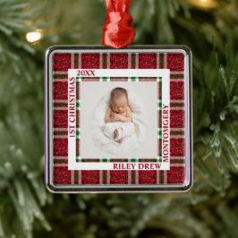 Baby's First Christmas Photo Plaid メタルオーナメント
