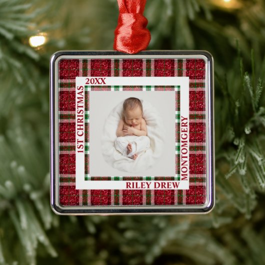 Baby's First Christmas Photo Plaid メタルオーナメント (ツリー)