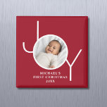 Baby's First Christmas Photo Red マグネット<br><div class="desc">This stylish Baby's First Christmas Photo Magnet features the word "JOY" on a red maroon background.
Easily customizable with your photo, name, and year. It makes a special keepsake for family and friends.</div>