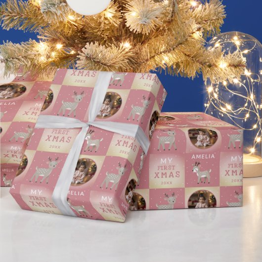 Baby's First Christmas Pink Deer Photo ラッピングペーパー (クリスマス)