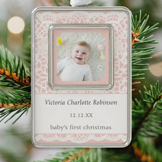 Baby's First Christmas Pink White Lace Photo シルバープレートフレームオーナメント