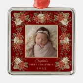 Baby's First Christmas Poinsettia Photo メタルオーナメント (正面)