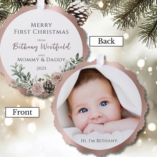 Baby's First Christmas Rose Gold Photo Keepsake オーナメントカード