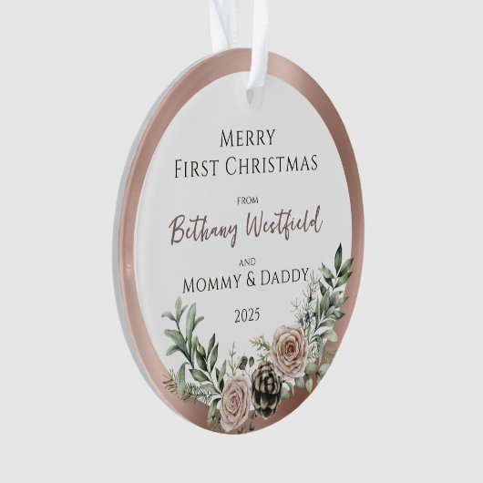 Baby's First Christmas Rose Gold Photo Keepsake オーナメント (正面)