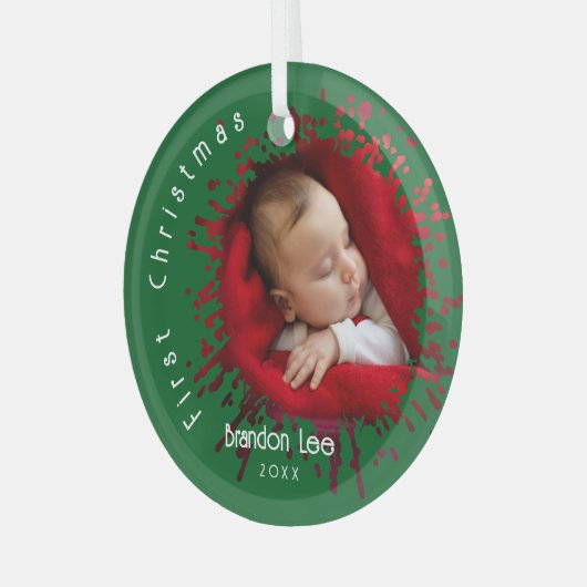 Baby's First Christmas Splatter Pattern  ガラスオーナメント (正面左)