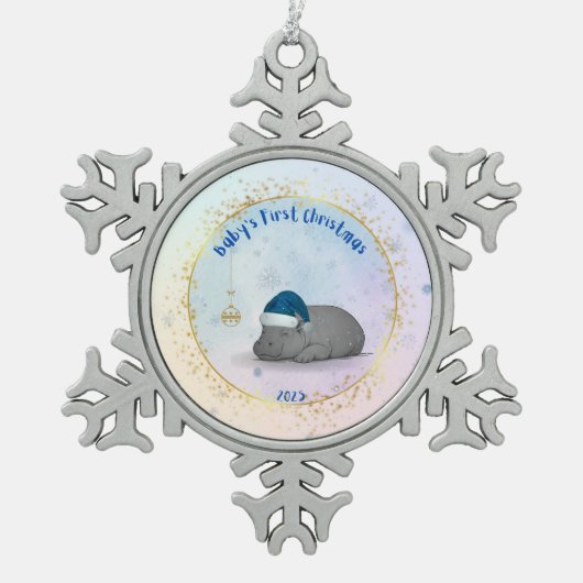 Baby's First ChristmPygmy Hippo Christmas Ornament スノーフレークピューターオーナメント (正面)