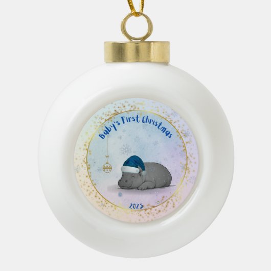 Baby's First ChristmPygmy Hippo Christmas Ornament セラミックボールオーナメント (正面)