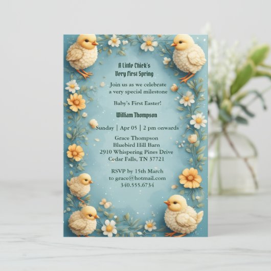 Babys First Easter Pastel Green Spring Chick Party 招待状 (スタンド正面)