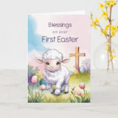 Baby's First Easter Religious Lamb Cross Christian カード (黄色い花)