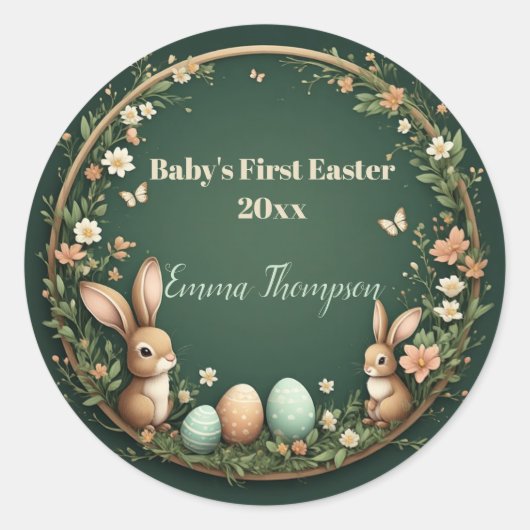 Baby's First Easter Spring Wreath Woodland Animals ラウンドシール (正面)