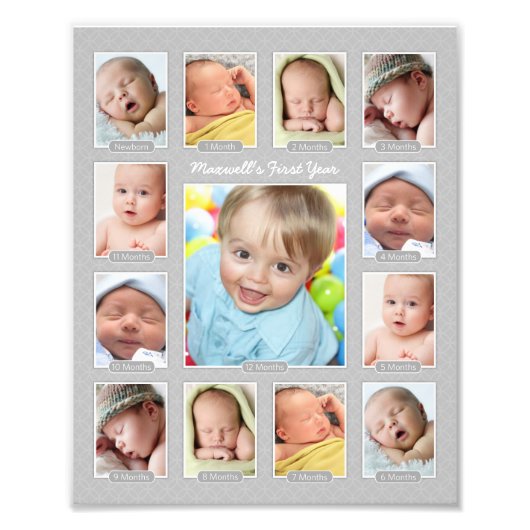 Babys First Year Gray Keepsake Photo Collage フォトプリント (正面)