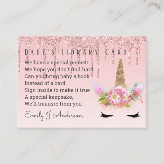 Babys Library Book Request Card Pink Unicorn エンクロージャーカード (正面)