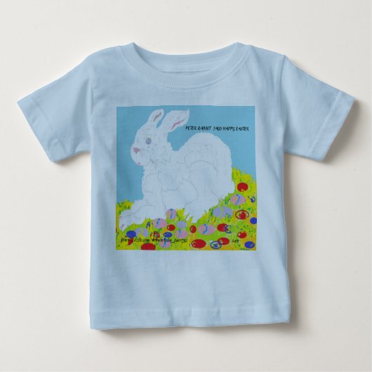 Babys Tシャツのピーター・ラビットがハッピーイースターを言う ベビーTシャツ (正面)