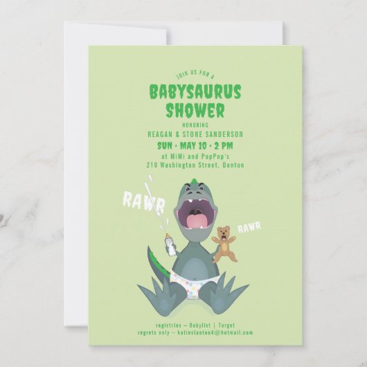 Babysaurus T-rex Green Baby Shower Invitation 招待状 (正面)