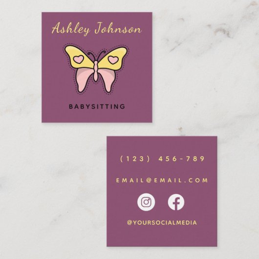 Babysiting Service Butterflyモダン Social Media スクエア名刺 (正面/裏面)